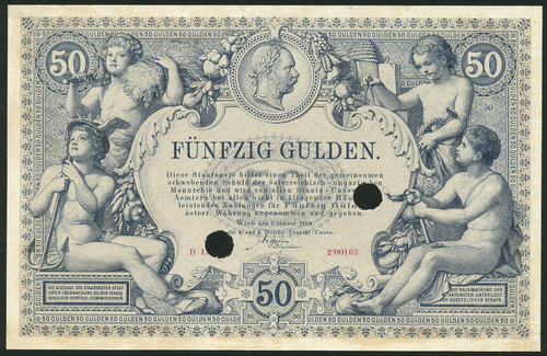 1 K.K.Reichs-Central-Cassa, 50 gulden, 1 January 1884, red serial number D.13 2.00163, blue,