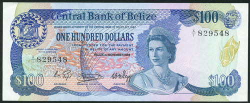 1 x Central Bank of Belize, $100, 1 November 1983, serial number X/1 829548, blue and multicoloured,