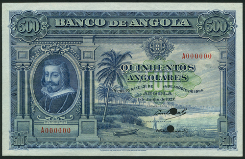 1 Republica Portuguesa, Angola, colour trial 500 angolares, 1 June 1927, red serial number A 000000,