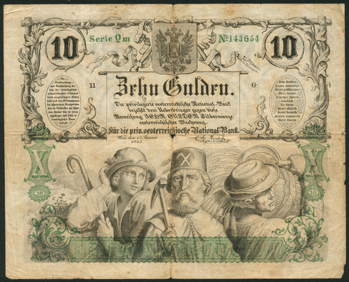 1 Privelegirte Oesterreische National-Bank, 10 gulden, 13 January 1863, green serial number Qm