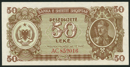 1 Peoples Republic of Albania, 10 (2), 50, and 1000 lek, 1947, all with solider at right, double