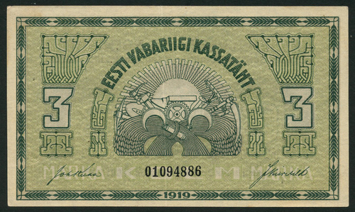 1 Estonia Republic Treasury, 3 Marka (2), 1919, green on grey underprint, 5 marka (2), 1919, both