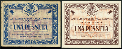 1 Consell General de les Valls d`Andorra, 1 pesseta, 1936 first issue, serial number 005020, blue on