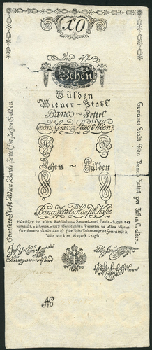 1 Wiener Stadt Banco, 10 gulden, 1 August 1796, serial number 550157, black and white, value in