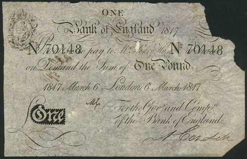 1 Bank of England, Henry Hase (1807-1829), £1, London, 6 March 1817, serial number 70148, black