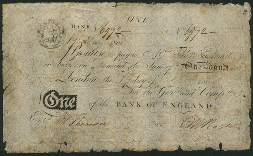 1 Bank of England, Abraham Newland (1778-1807), £1, 19 May 1806, serial number 6972, black and