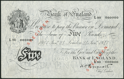 1 Bank of England, K.O. Peppiatt (1934-1949), specimen £5, London, 24 January 1947, serial number