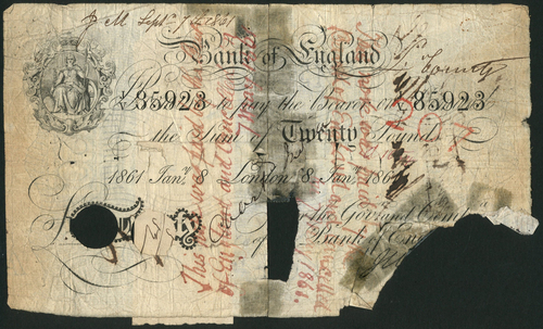 1 Bank of England, Matthew Marshall (1835-1864), £20, London, 8 January 1861, serial number J/V