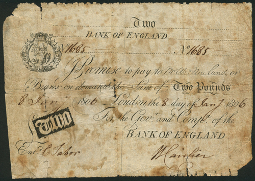 1 Bank of England, Abraham Newland (1778-1807), a contemporary forgery of a £2, 8 January 1806,