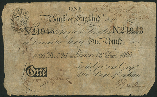 1 Bank of England, Henry Hase (1807-1829), £1 (4), London, 1820, 1821 (3) black and white, ornate