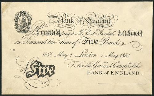 1 Bank of England, Matthew Marshall (1835-1864), proof £5, London, 1 May 1851, serial number E/C