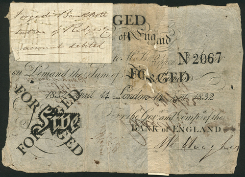 1 Bank of England, Thomas Rippon (1829-1835), a forgery of a £5, London, 14 April 1832, serial