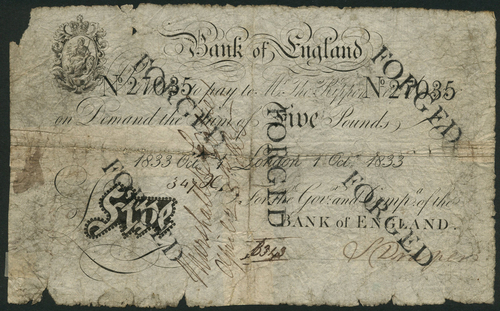 1 Bank of England, Thomas Rippon (1829-1835), a forgery of a £5, London, 1 October 1833, serial