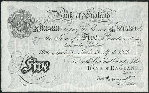 1 Bank of England, K.O. Peppiatt (1934-1949), £5, Leeds, 21 April 1936, serial number T/218 80580,