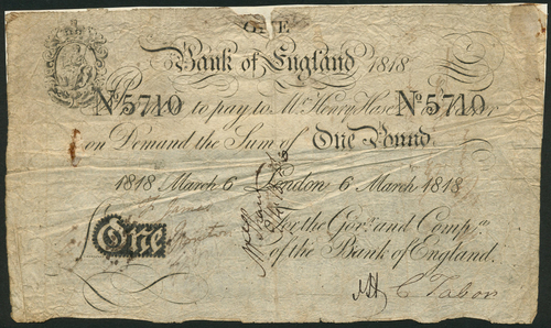 1 Bank of England, Henry Hase (1807-1829), £1, London, 6 March 1818, serial number 5710, black and