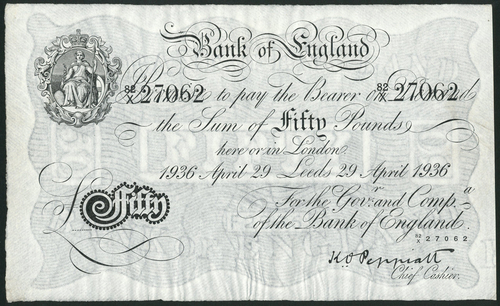 1 Bank of England, K.O. Peppiatt (1934-1949), £50, Leeds, 29 April 1936, serial number 82/X 27062,