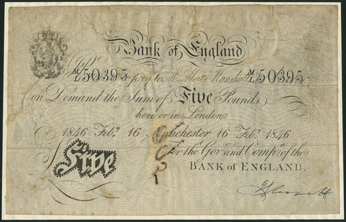 1 Bank of England, Matthew Marshall (1835-1864), a contemporary forgery of a £5, Manchester, 16