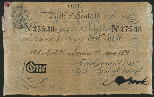 1 Bank of England, Henry Hase (1807-1829), £1, London, 27 April 1821, printed serial number 37538,