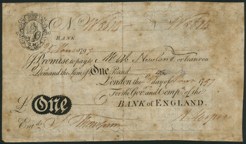 1 Bank of England, Abraham Newland (1778-1807), £1, 25 March 1797, serial number W 8614, black and