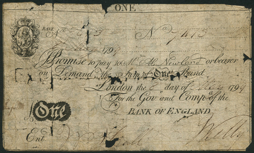 1 Bank of England, Abraham Newland (1778-1807), £1, 8 March 1799, serial number 7413, black and