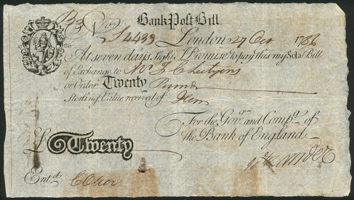1 Bank of England, Abraham Newland (1778-1807), a Bank post Bill for £20, London, manuscript date 27