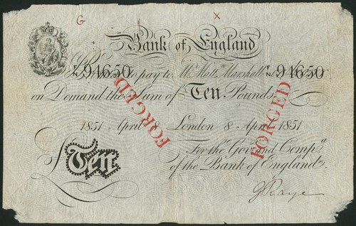 1 Bank of England, Matthew Marshall (1835-1864), a contemporary copy of a £10, London, 8 April 1851,