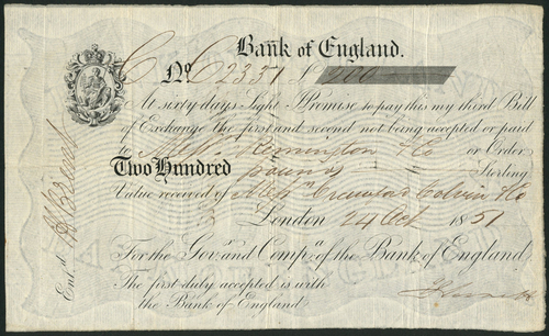 1 Bank of England, Matthew Marshall (1835-1864), a sixty day sight bill for £200, 24 October 1851,