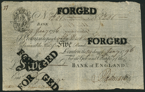 1 Bank of England, Abraham Newland (1778-1807), £5, 29 January 1796, serial number 1201, black and