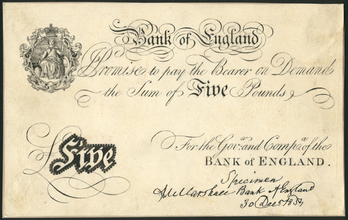 1 Bank of England, Matthew Marshall (1835-1864), proof £5, ND (ca 1854), black and white, ornate