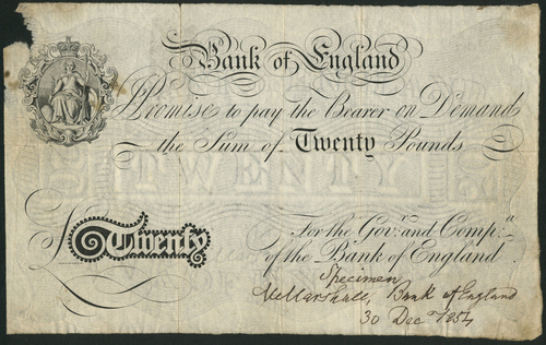 1 Bank of England, Matthew Marshall (1835-1864), specimen £20, London, ND (ca 1854), no serial