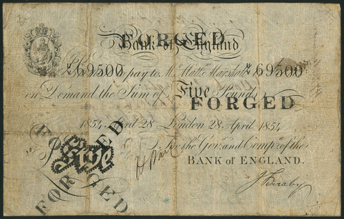 1 Bank of England, Matthew Marshall (1835-1864), a contemporary forgery (2) of a £5, London, 28