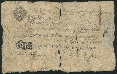 1 Bank of England, Henry Hase (1807-1829), £1, London, 30 September 1809, serial number 41819, black