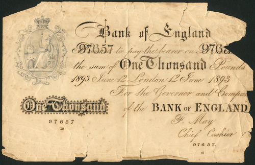 1 Bank of England, Frank May (1873-1893), a hand executed £1000, London, 12 June 1893, serial number