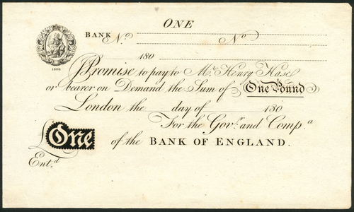 1 Bank of England, Henry Hase (1807-1829), proof on card for a £1, 180- (1808), black and white,