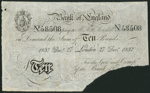 1 Bank of England, Matthew Marshall (1835-1864), £10, London, 27 December 1837, serial number 58508,