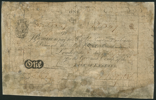 1 Bank of England, Abraham Newland (1778-1807), £1, 2 April 1798, serial number a 1349, black and