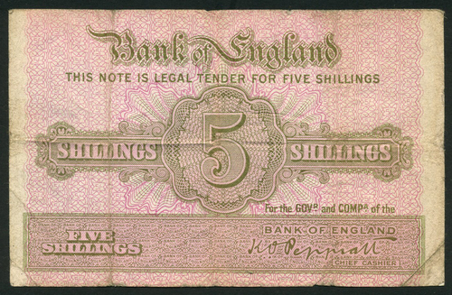 1 Bank of England, K.O.Peppiatt (1934-1949), 5/-, ND (1941), no serial numbers, pink and green,