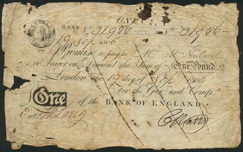 1 Bank of England, Abraham Newland (1778-1807), a contemporary forgery of a £1, 19 September 1806,