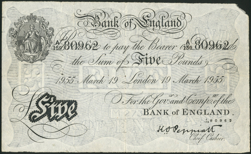 1 Bank of England, Kenneth Oswald Peppiatt (1934-1949), a Bernhardt £5, London, 19 March 1955,