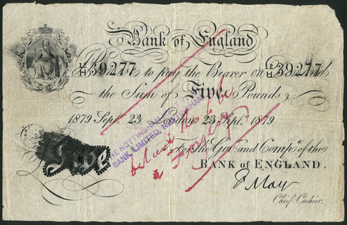 1 Bank of England, Frank May (1873-1893), £5, London, 23 September 1879, serial number 12/H 39277,