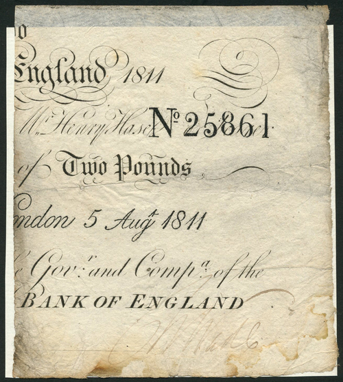 1 Bank of England, Henry Hase (1807-1829), £2, London, 5 August 1811, printed serial number 25861,