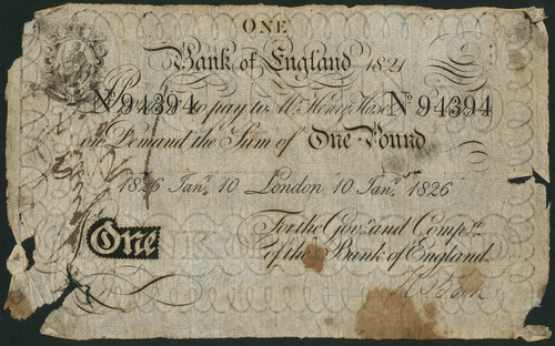 1 Bank of England, Henry Hase (1807-1829), £1, London, 1821 in top field, 10 January 1826 at