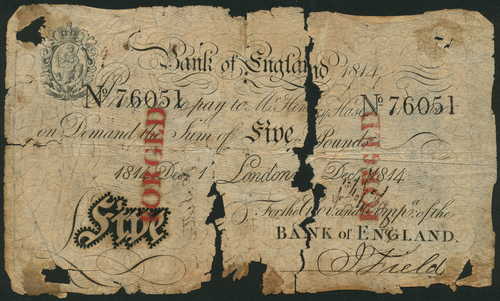 1 Bank of England, Henry Hase (1807-1829), a forgery of a £5, London, December 1814, printed
