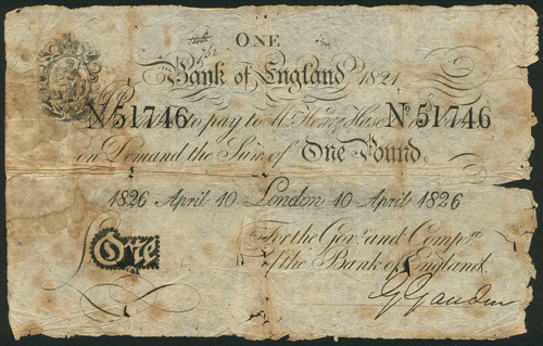 1 Bank of England, Henry Hase (1807-1829), £1, London, 10 April 1826, printed serial number 51746,