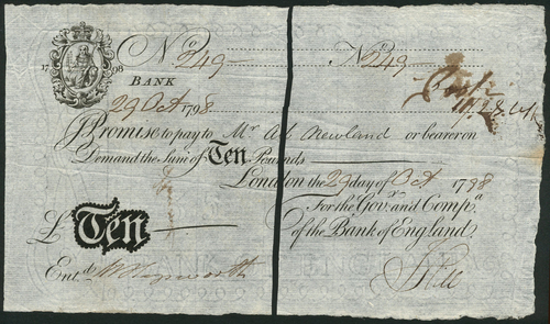 1 Bank of England, Abraham Newland (1778-1807), £10, London, manuscript date 29 October 1789,