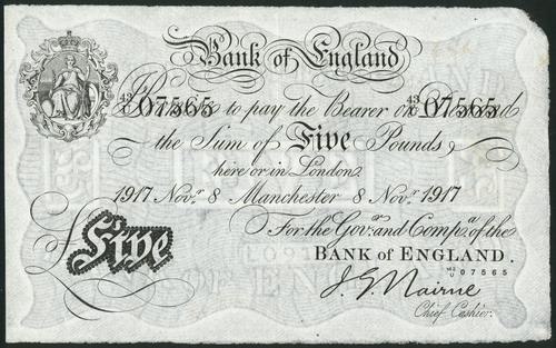 1 Bank of England, John Gordon Nairne (1902-1918), £5, Manchester, 8 November 1917, serial number