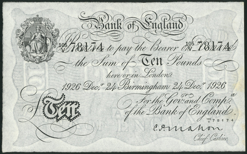 1 Bank of England, Cyril Patrick Mahon (1925-1929), £10, Birmingham, 24 December 1926, serial number