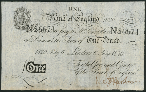 1 Bank of England, Henry Hase (1807-1829), £1, London, 6 July 1820, printed serial number 26671,