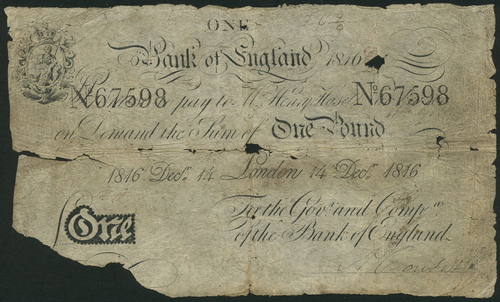 1 Bank of England, Henry Hase (1807-1829), £1, London, 14 December 1816, serial number 67598,