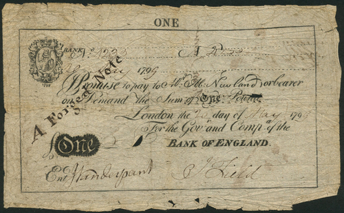 1 Bank of England, Abraham Newland (1778-1807), £1, 26 May 1799, serial number a 1233, black and